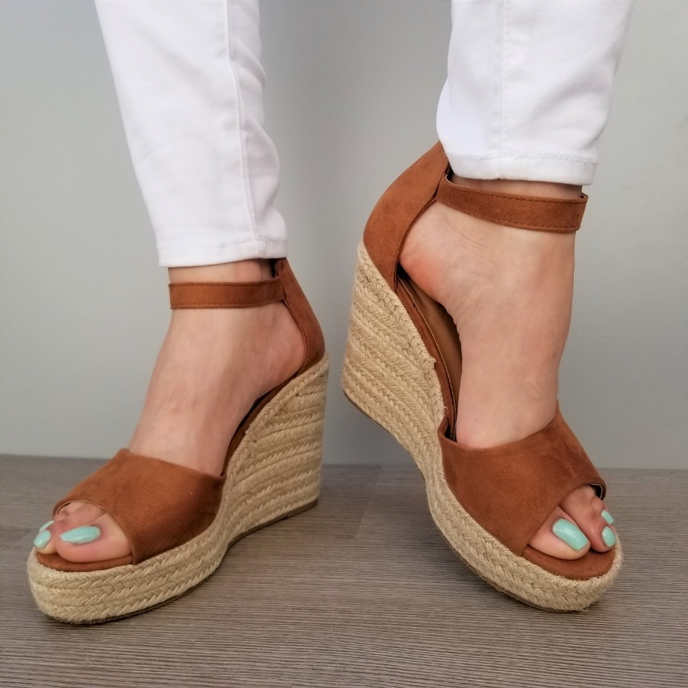 Tan Suede Espadrille Wedge Heel Sandals-E - Picture 3 of 8